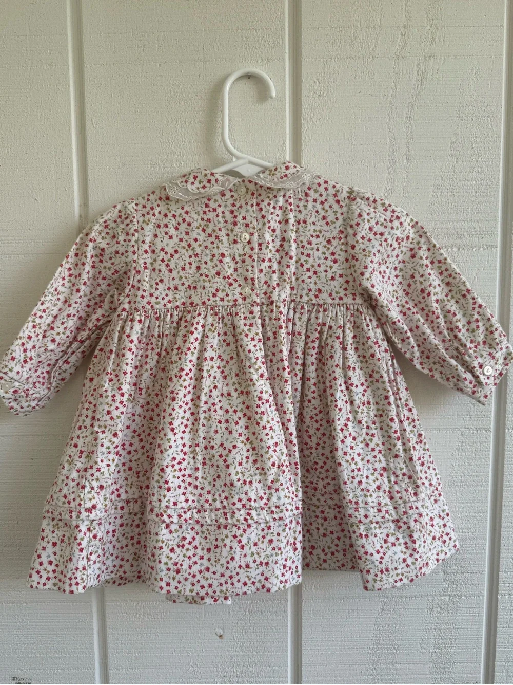 Sarah Louise England Red Floral Long Sleeve Hand Smocked Lace Collar Dress